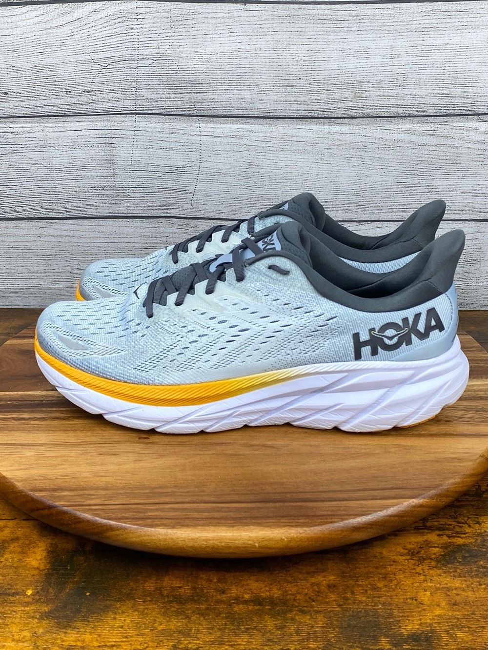 Hoka Clifton Men's Light Gray and Yellow Athletic Running Shoes - 14